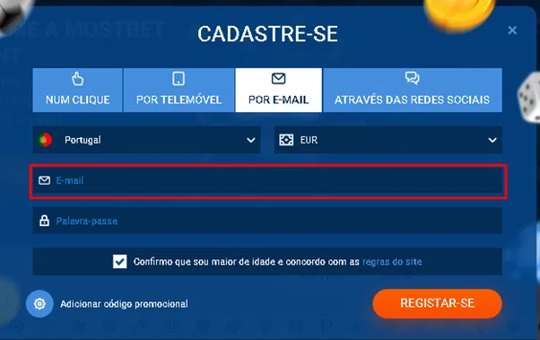 Formulário de registo no site da MostBet